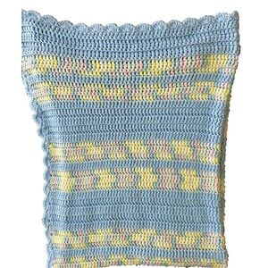 Blue Yellow White Pink Green Crocheted Baby Blanket Scalloped Edges Handmade